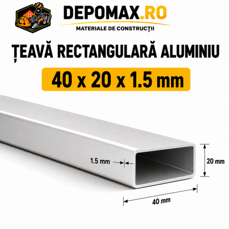 Teava rectangulara aluminiu 40 x 20 x 1.5 mm, 6 metri (EN AW-6060)